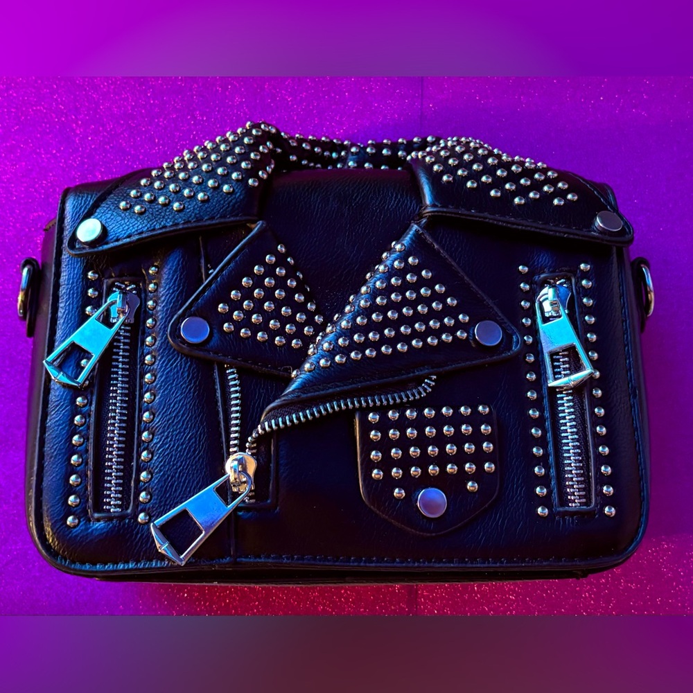 Motorcycle Jacket Inspired Studded Black Leather Crossbody or Clutch Bag NWWT - Picture 14 of 16